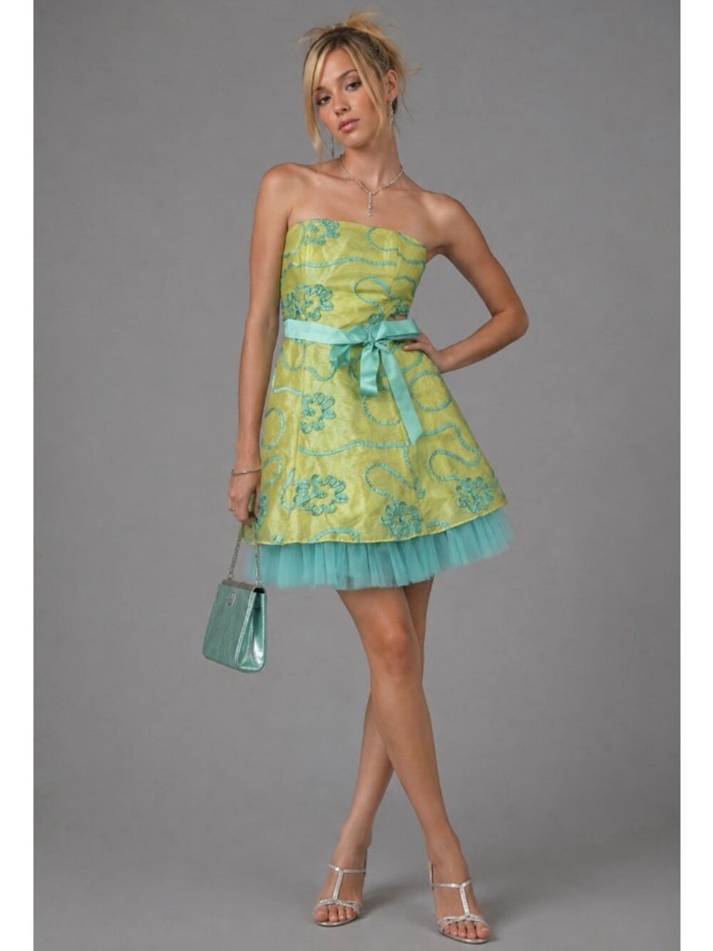 Vintage Y2K JESSICA MCCLINTOCK Fits XS Strapless Mini Party Dress Yellow/Blue